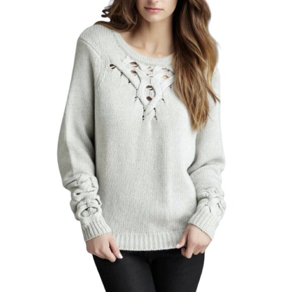 BCBGMAXAZRIA Chunky Sweater Sz.L Gray Knit Cashmere Blend Boho Coastal 90s 80s - Picture 1 of 11